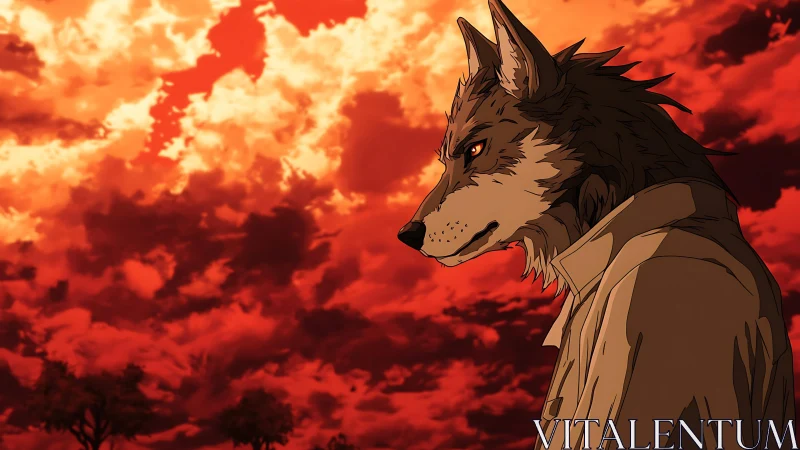 Anthropomorphic wolf profile under turbulent red sunset sky