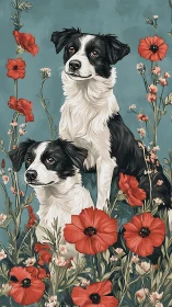 Border collies rendered in flat-color floral digital painting composition