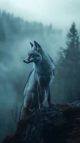 Silver fox on misted cliff in blue hour alpine forest