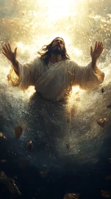 Robed figure rising through swirling illuminated water.