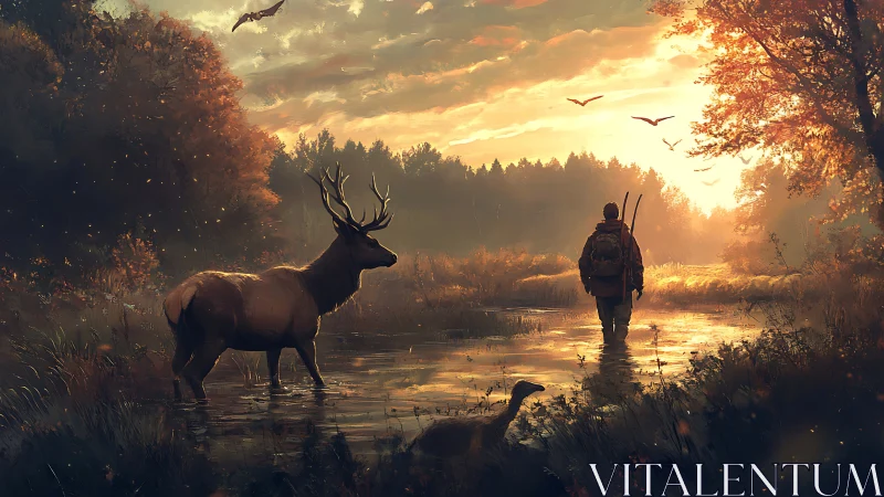 Hunter and stag share silent river at burning sunrise