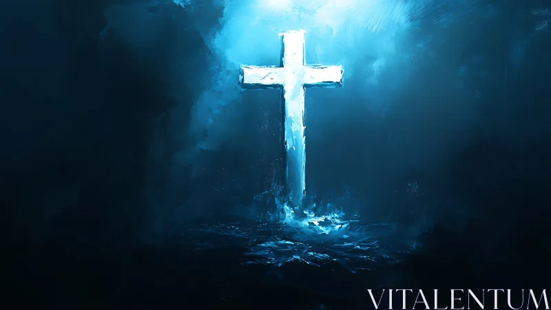 Luminous white cross in deep blue abstract environment.