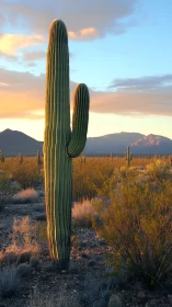 Saguaro cactus in golden hour desert light with distant mountains
