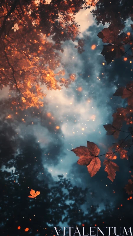 Tree canopy and autumn leaves frame a clouded sky vertically