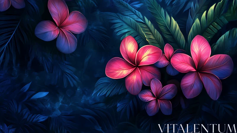 Digital Floral Composition with Gradient Lighting on Dark Foliage Background
