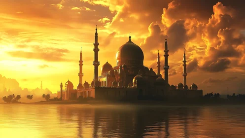 Sunlit domed palace complex stands against dense cloud bank