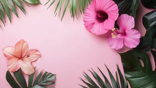 Tropical Blooms Dance on Soft Pink Canvas
