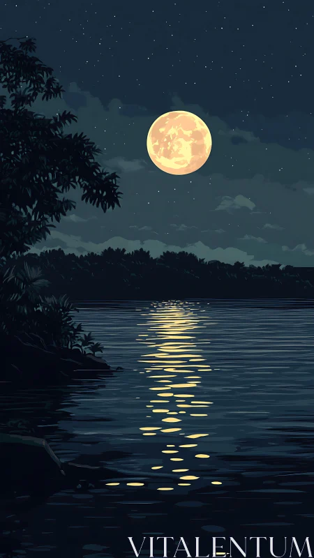 Full moon reflects across calm lake under clear night sky