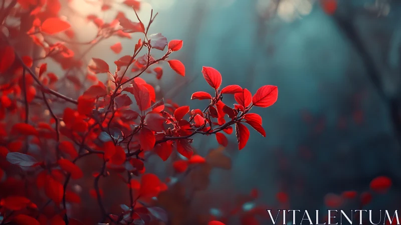 Vibrant red autumn leaves on branch with soft dreamy background.