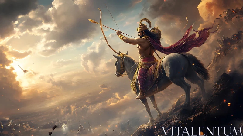 Heroic archer on warhorse commands a stormlit mythical sky