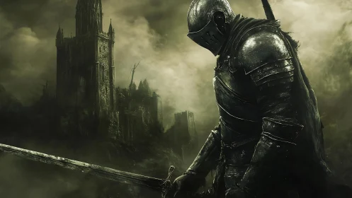 Armored knight silhouetted before ruined gothic fortress