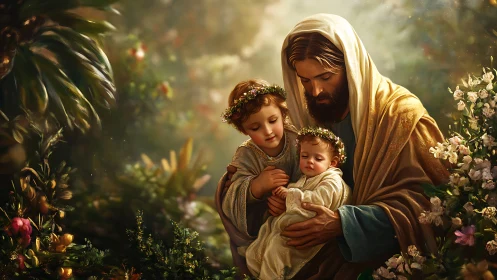 Gentle guardian cradles two children in a glowing garden