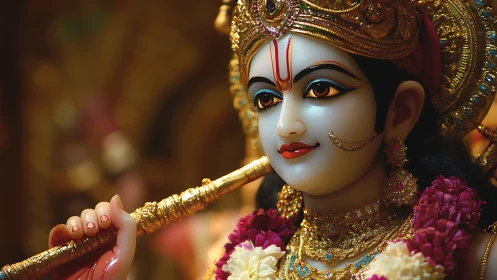 Hindu deity statue holds flute and wears detailed ornaments