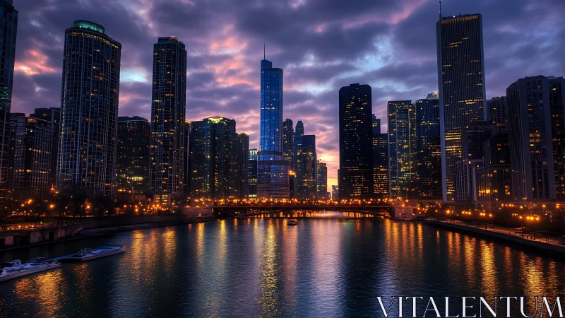 Urban waterfront skyline with illuminated towers at dusk.