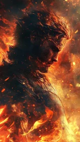 Solitary male figure engulfed in stylized swirling flames.