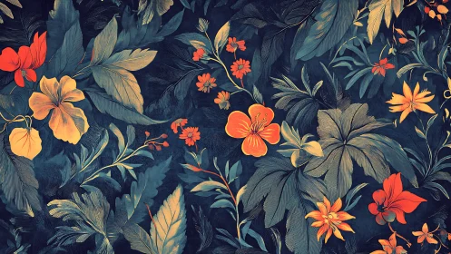 Vibrant Floral Garden Dance on Midnight Blue Canvas.