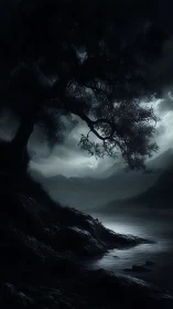 Midnight shoreline rests beneath a brooding, stormlit sky