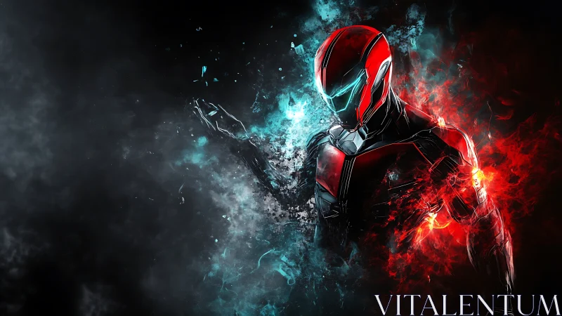 Dual-energy cyber warrior stands in swirling fire and ice