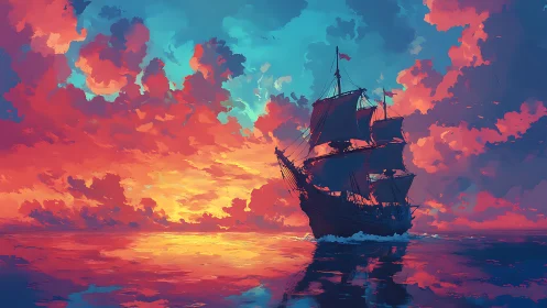Tall ship sails across vivid sunset ocean sky scene.
