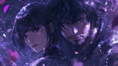Dual warrior portrait in violet petals and dynamic lighting.