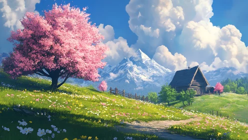 Blossom-lit mountain meadow cradling a quiet wooden cottage.