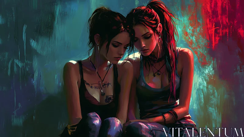 Quiet comfort unfolds as two friends share a tender moment