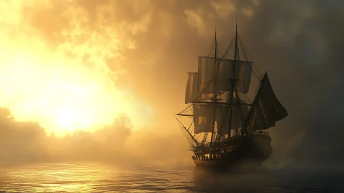 Sunlit tall ship sailing gently through golden morning mist.