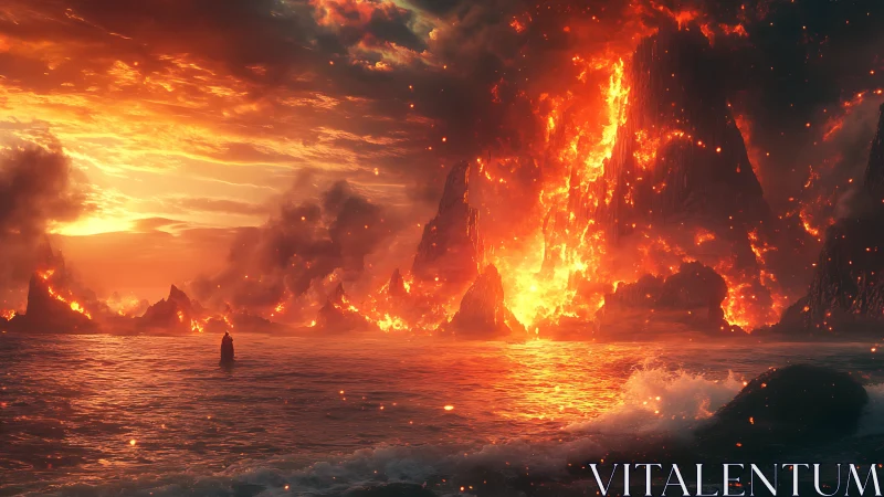 Volcanic Eruption Seascape: Pyroclastic Inferno Meets Turbulent Ocean.