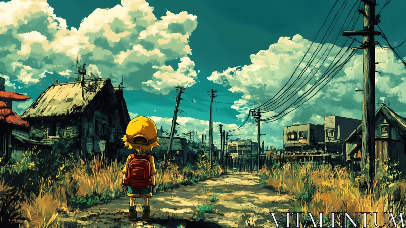 Small wanderer meets vast sky over forgotten suburb road.