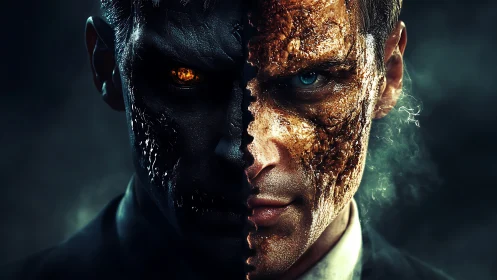 Dual-faced humanoid portrait reveals molten demonic core