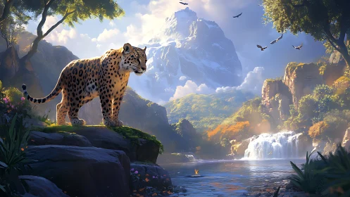 Majestic Leopard Gazes Over Enchanted Mountain Valley