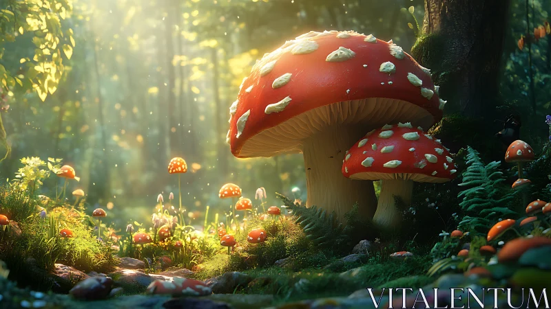 Red spotted forest mushrooms under filtered daylight rays.