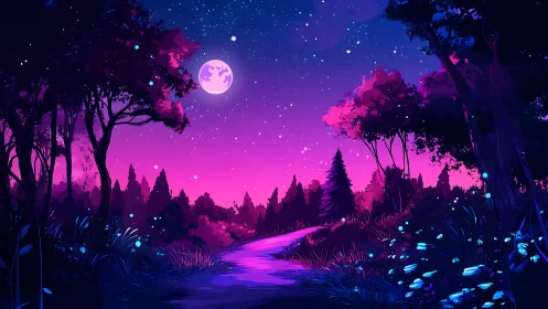 Moonlit Forest Path Through Magenta Woodland Landscape
