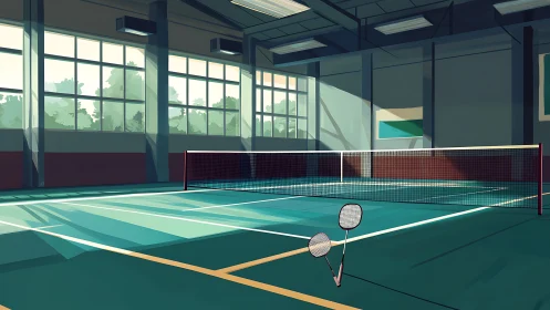 Indoor badminton court with net and rackets in daylight.