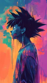 Neon anime profile in dripping abstract paint portrait.