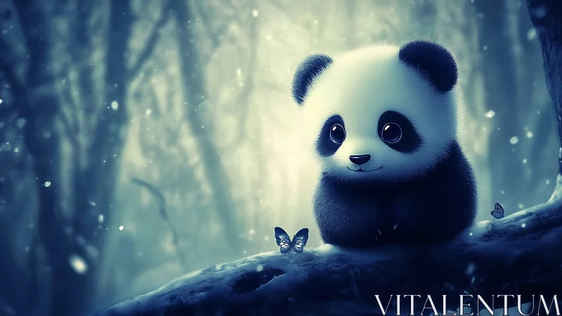 Cute baby panda on forest branch with glowing butterflies.
