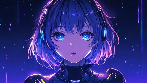 Neon starlit android girl with curious galaxy-blue eyes.