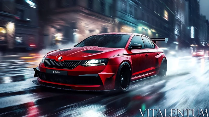 Red sports car powers through neon city streets at night