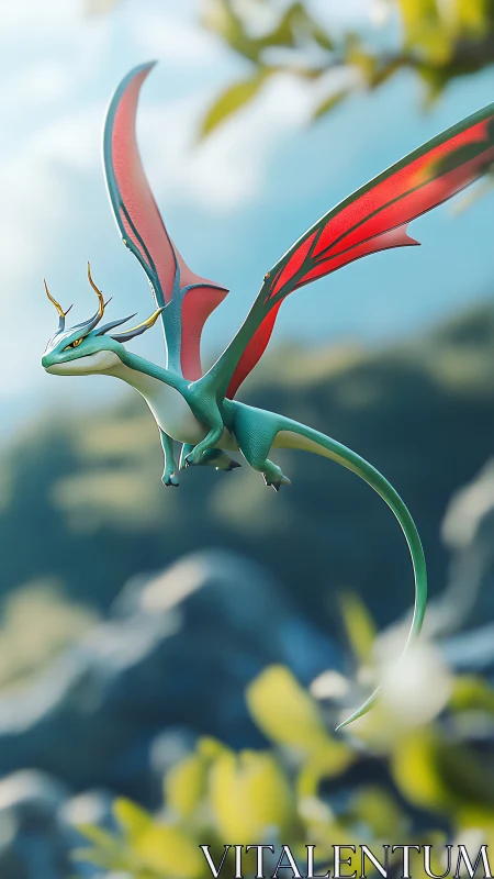Aerodynamic emerald dragon in mid-flight over soft forest valley