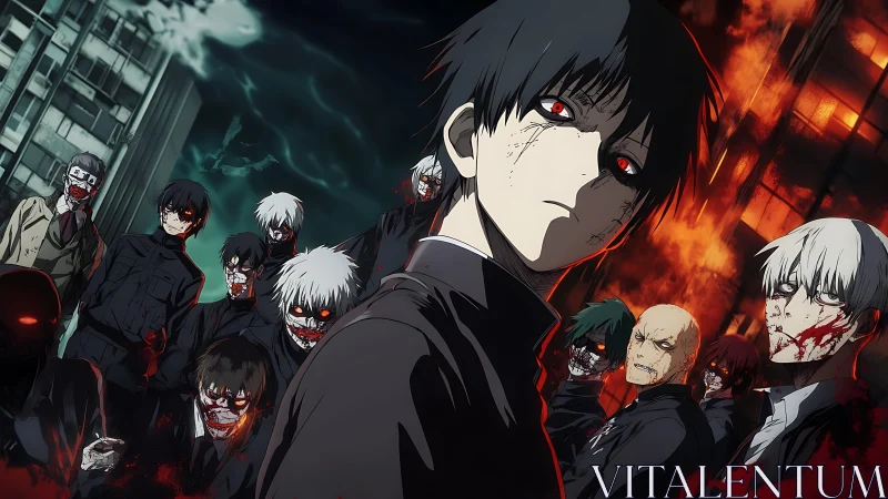 Bloodstained ghoul collective dominates a burning urban nightscape