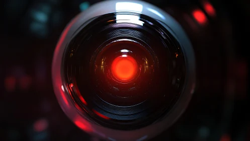 Gleaming robotic eye glows calmly in cinematic darkness