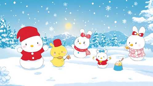 Cartoon animal characters stand in a stylized snowy landscape