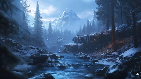 Glacial mountain river valley in dense conifer forest at dusk