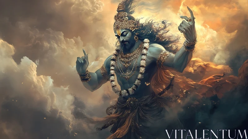Majestic sky deity dances in swirling golden storm clouds