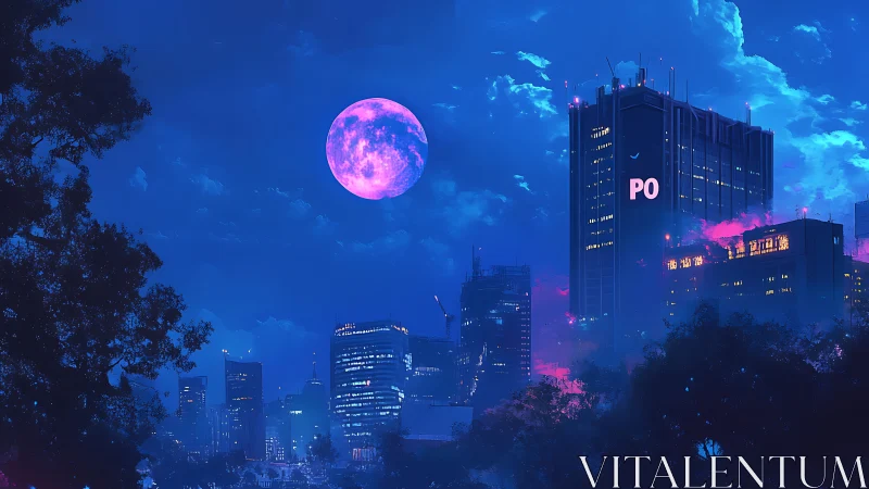 Urban night skyline under magenta moon with high-rise tower.