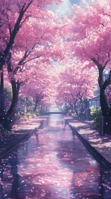 Cherry blossom canal glows under soft spring sunlight.