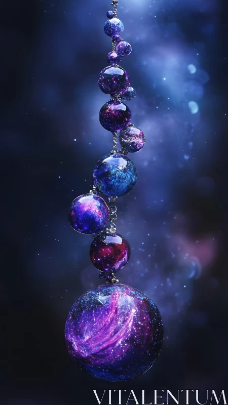 Starlit galaxy orbs drift together in a dreamy cosmic chain