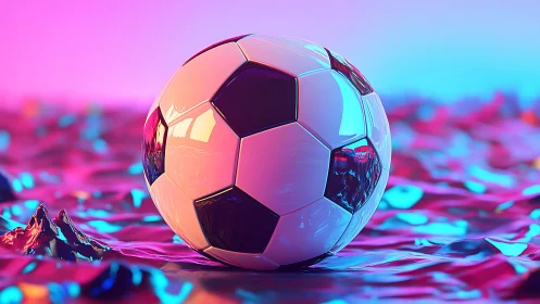 Soccer ball rests on neon chrome surface under cyber glow.