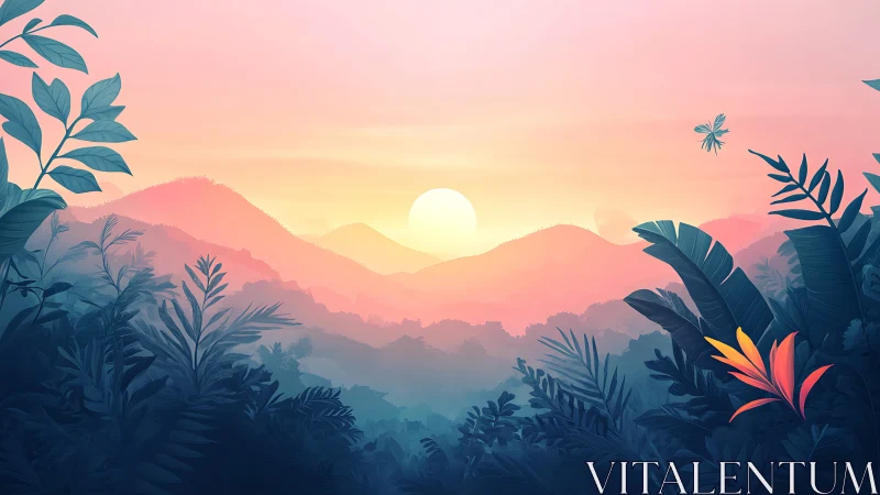 Jungle sunrise whispers over misty candy-colored hills.
