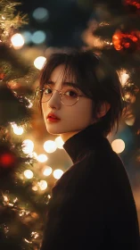 Photorealistic portrait beside luminous holiday bokeh tree.